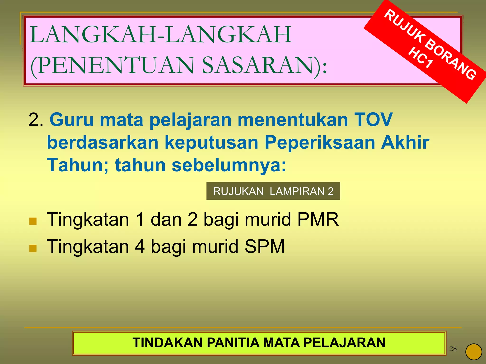 29LANGKAH-LANGKAH (PENENTUAN SASARAN):RUJUK BORANG HC13. Panitiamatapelajaran :    3.1 menentukan ETR berdasarkanpencapaiantahunterbaikpeperiksaanawam( ETR akanmenunjukkanpeningkatanberbandingdengantahun yang dirujuk. )TINDAKAN PANITIA MATA PELAJARAN