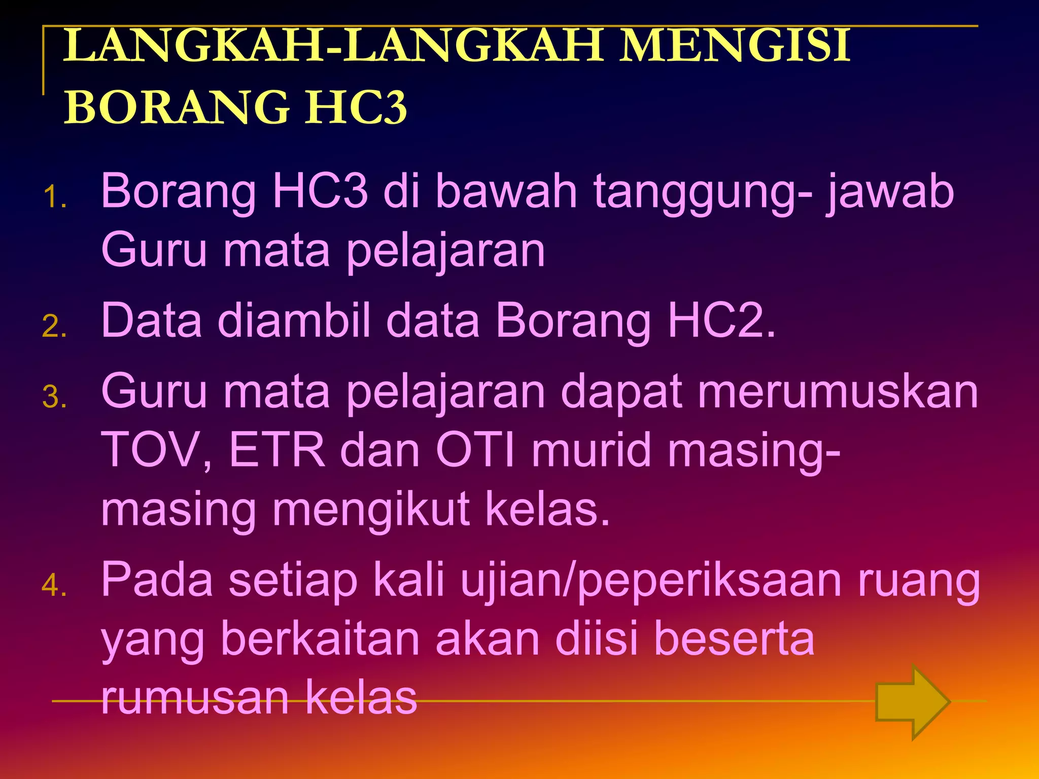 5. Maklumat berkaitan merupakan data penting untuk dianalisis semasa dilaksanakn post-mortem.6. Guru mata pelajaran perlu menyerahkan satu salinan kepada guru kelas dan panitia disamping menampalkannya di dalam buku persediaan mengajar guru dan di papan kenyataan kelas