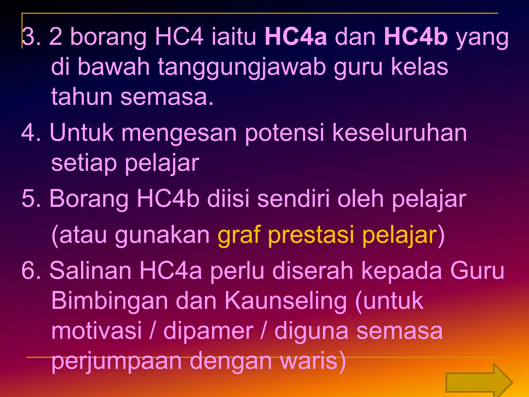 LANGKAH-LANGKAH MENGISI BORANG HC5Borang HC5 bertujuanmenentukangredpuratasekolahMengandungisenaraimatapelajaran, bilangancalon, greddanperatusgreddandibawahtanggungjawabsetiausahaPeperiksaan/HeadcountMaklumat HC1 setiappanitiadipindahkankeborang HC5DigunakanuntukmembandingkanGredPurata TOV dan ETR sekolah.