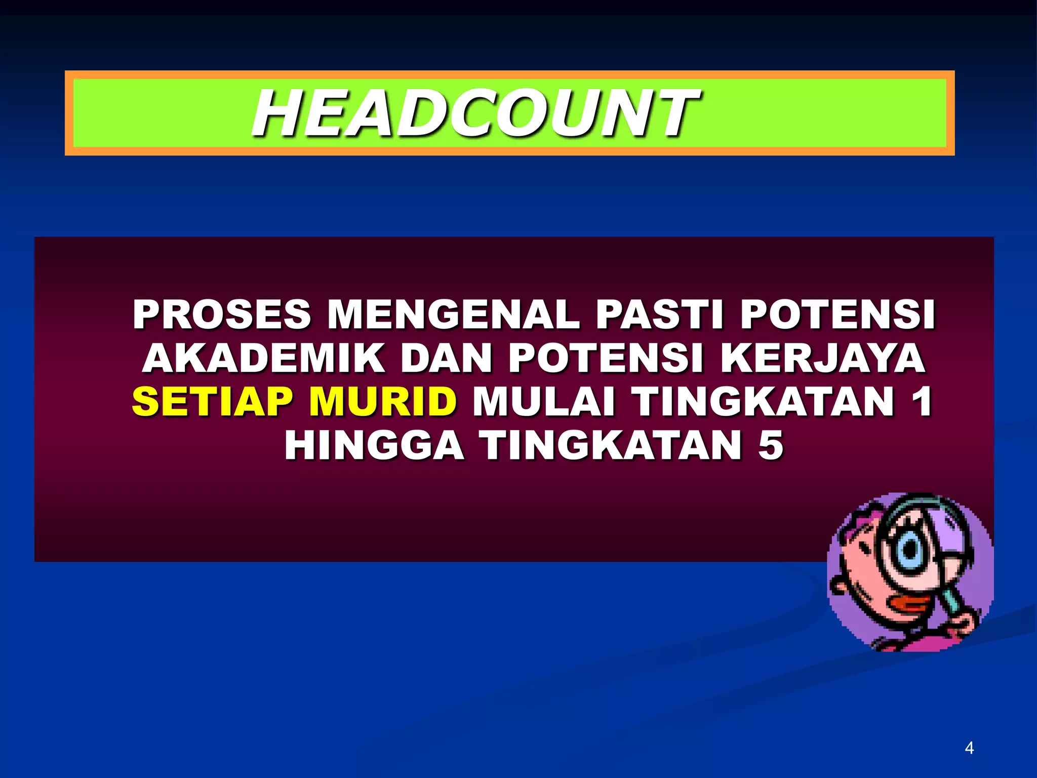 4HEADCOUNT   PROSES MENGENAL PASTI POTENSI AKADEMIK DAN POTENSI KERJAYA SETIAP MURID MULAI TINGKATAN 1 HINGGA TINGKATAN 5