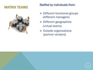 MATRIX TEAMS
Staffed by individuals from:
 Different functional groups
(different managers)
 Different geographies
(virtual teams)
 Outside organizations
(partner vendors)
5
 