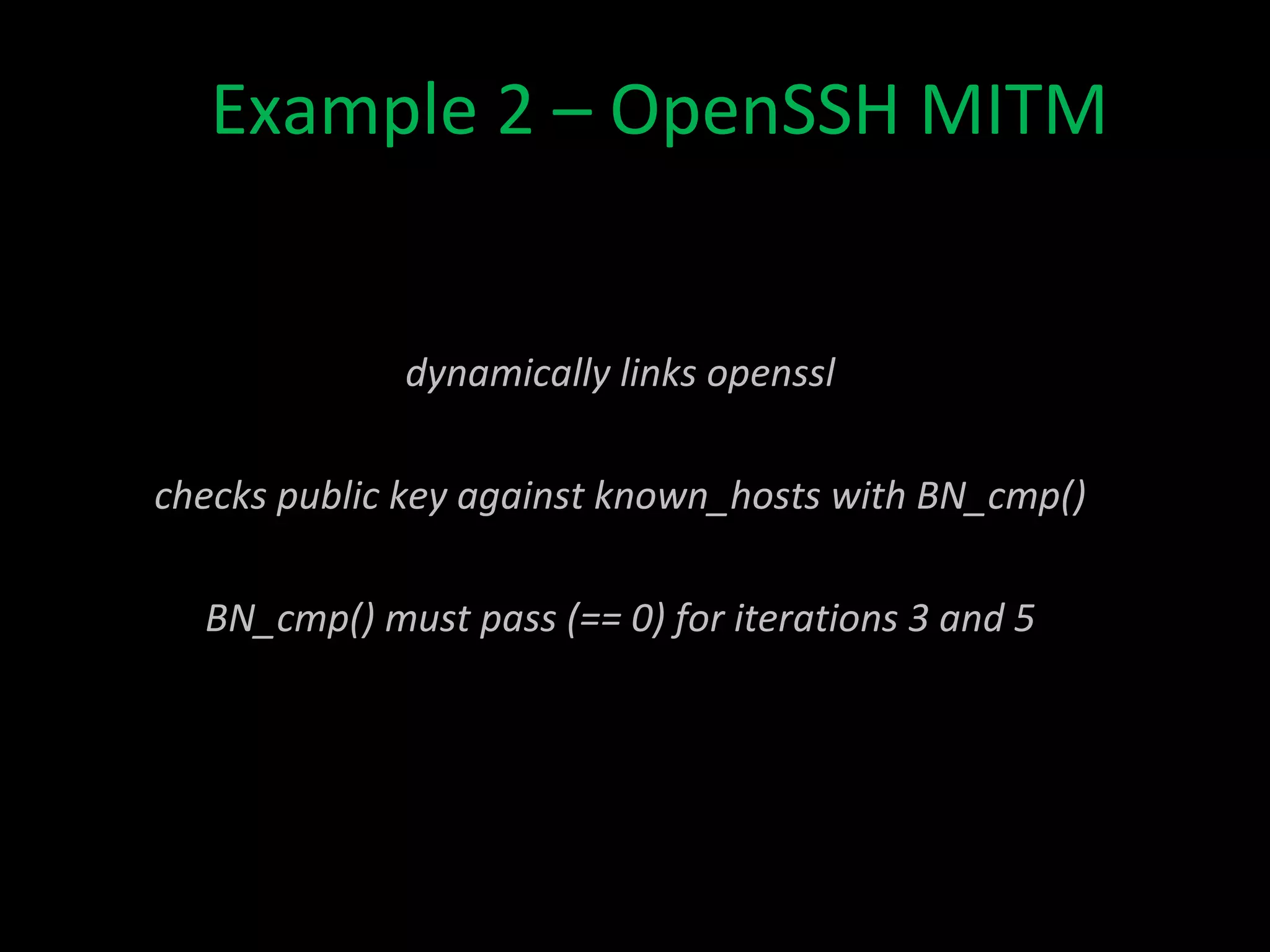 Example 1 – Hello World $ nm -D make_goodbye.so 000000000000069c T printf U stdout U vfprintf $ nm -D hello w __gmon_start__ U __libc_start_main U printf Undefined symbol Symbol exists in .text 