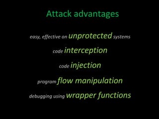 So what is LD_PRELOAD? environment var queried by dynamic linker on exec allows dynamic linker to prioritize linking defined shared libs $ LD_PRELOAD=“./mylib.so” ./myexec 