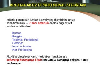 Kriteria penetapan jumlah aktiviti yang diambilkira untuk
kehadiran kursus 7 hari setahun adalah bagi aktiviti
professional berikut:
•Kursus
•Bengkel
•Taklimat Profesional
•Seminar
•Input in house
•Hari Profesional
Aktiviti professional yang melibatkan jangkamasa
sekurang-kurangnya 6 jam terkumpul dianggap sebagai 1 hari
berkursus.
KRITERIA AKTIVITI PROFESIONAL KEGURUAN
 