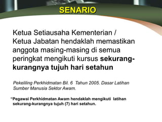 Ketua Setiausaha Kementerian /
Ketua Jabatan hendaklah memastikan
anggota masing-masing di semua
peringkat mengikuti kursus sekurang-
kurangnya tujuh hari setahun
Pekeliling Perkhidmatan Bil. 6 Tahun 2005. Dasar Latihan
Sumber Manusia Sektor Awam.
“Pegawai Perkhidmatan Awam hendaklah mengikuti latihan
sekurang-kurangnya tujuh (7) hari setahun.
SENARIO
 