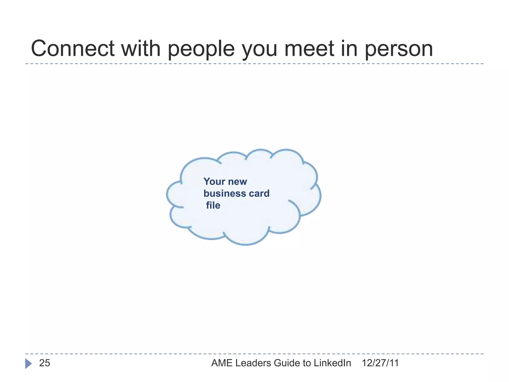 Connect with people you meet in person




                Your new
                business card
                file




25               AME Leaders Guide to LinkedIn   12/27/11
 