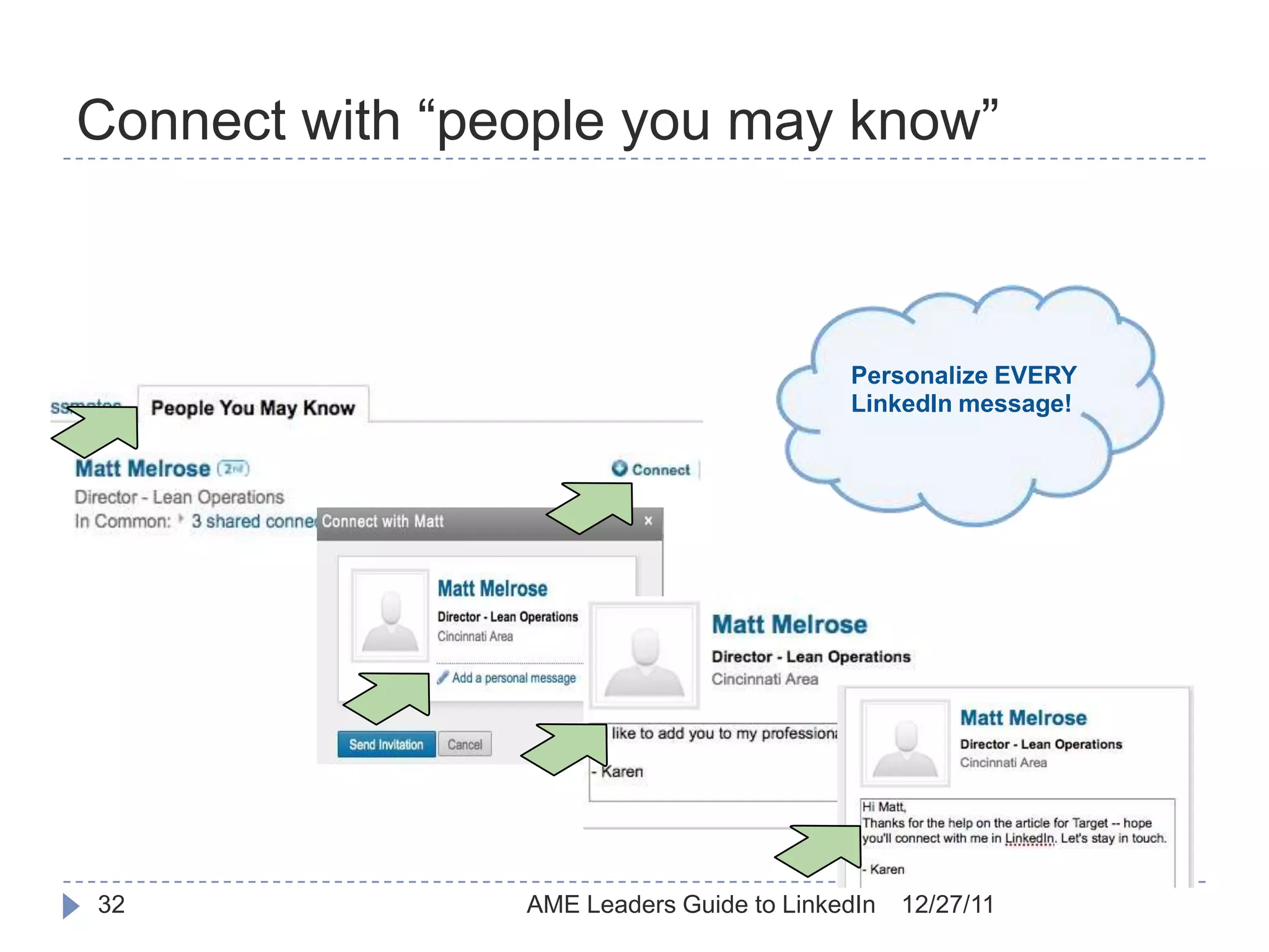 Connect with “people you may know”



                                          Personalize EVERY
                                          LinkedIn message!




32              AME Leaders Guide to LinkedIn   12/27/11
 