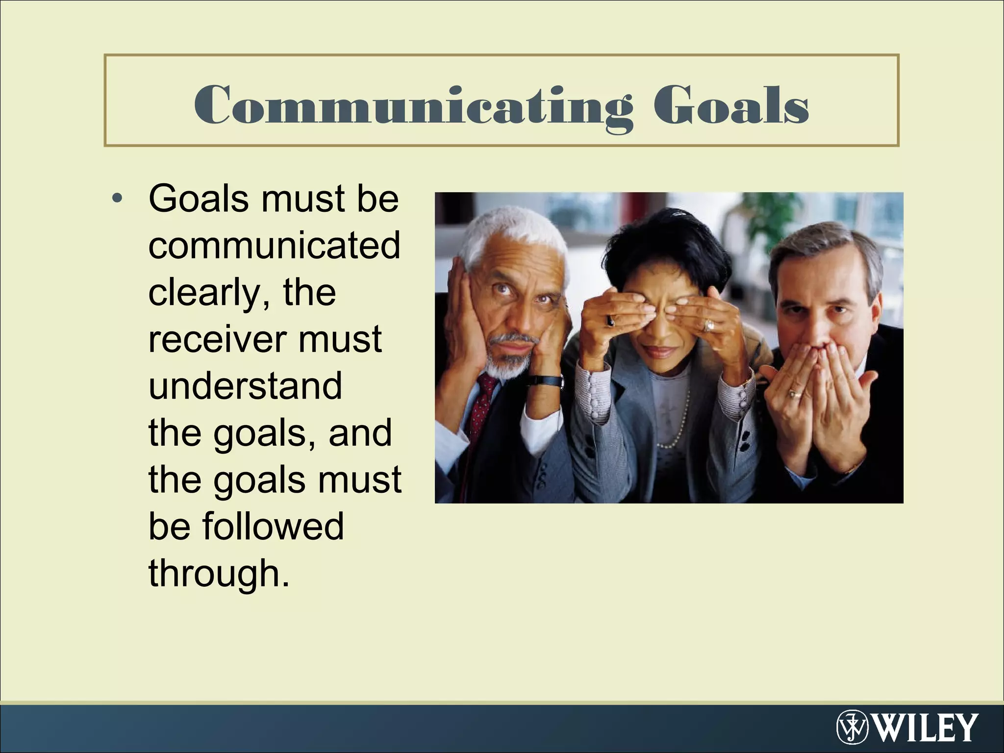 Communicating Goals
• Goals must be
communicated
clearly, the
receiver must
understand
the goals, and
the goals must
be followed
through.
 