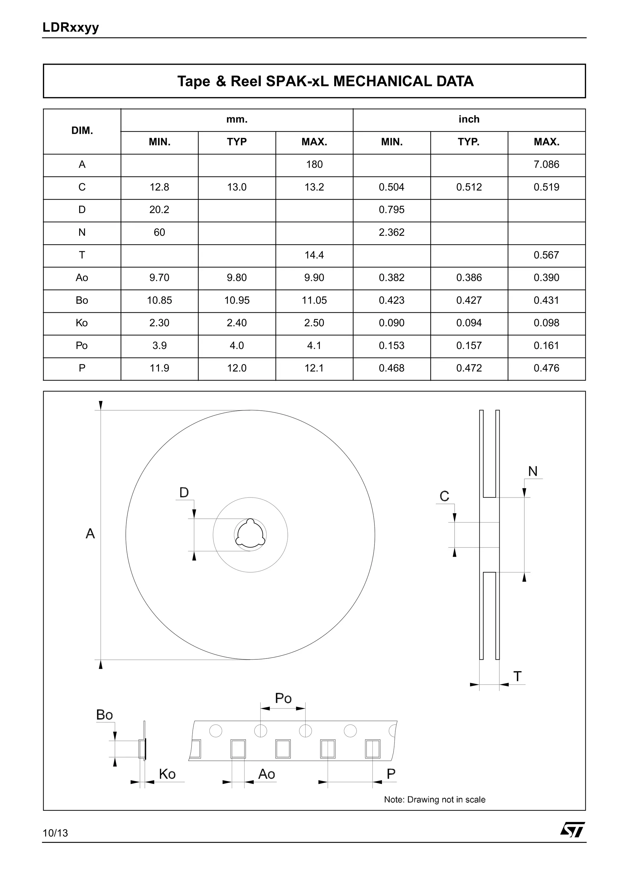 LDRxxyy
10/13
DIM.
mm. inch
MIN. TYP MAX. MIN. TYP. MAX.
A 180 7.086
C 12.8 13.0 13.2 0.504 0.512 0.519
D 20.2 0.795
N 60 2.362
T 14.4 0.567
Ao 9.70 9.80 9.90 0.382 0.386 0.390
Bo 10.85 10.95 11.05 0.423 0.427 0.431
Ko 2.30 2.40 2.50 0.090 0.094 0.098
Po 3.9 4.0 4.1 0.153 0.157 0.161
P 11.9 12.0 12.1 0.468 0.472 0.476
Tape & Reel SPAK-xL MECHANICAL DATA
 