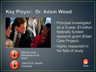 • Principal investigator
                         on a 3-year, $1million
                         federally funded
                         research grant (Elder
                         Care Project)
                       • Highly respected in
Click for more
                         his field of study
information on Dr.
Wood

Click for Dr. Wood’s
Concerns                                 Next…
 