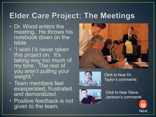 • Dr. Wood enters the
  meeting. He throws his
  notebook down on the
  table.
• “I wish I’d never taken
  this project on. It’s
  taking way too much of
  my time. The rest of
  you aren’t pulling your
  weight.”                   Click to hear Dr.
                             Taylor’s comments
• Team members feel
  exasperated, frustrated
                             Click to hear Steve
  and demoralized.           Jackson’s comments
• Positive feedback is not
  given to the team.
                                                 Next…
 