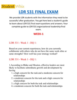 LDR 531 FINAL EXAM
We provide LDR students with the information they need to be
successful after graduation. You get here best a student's guide
to learn about LDR 531 final exam questions and answers. Your
complete guide to LDR 531 organizational leadership final
exam.
WEEK-1
LDR 531 - Week 1 - DQ 1:
Based on your current experiences, how do you currently
collaborate with others who do not have the same work ethic or
same strengths? How well has your strategy worked?
LDR 531 - Week 1 - DQ 1:
1.According to Blake and Mouton, effective leaders are most
likely to facilitate subordinate growth and development by
having
1. a high concern for the task and a moderate concern for
relationships
2. a moderate concern for the task and a high concern for
relationships
3. a high concern for both the task and relationships
4. a moderate concern for both the task and relationships
 