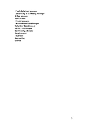 Public Relations Manager
 Advertising & Marketing Manager
Office Manager
Web Master
 Events Manager
 Human Resources Manager
Volunteer Coordinators
Intake Coordinators
Community Advisors
Development
 Nutrition
Accounting
Drivers




                                   5
 