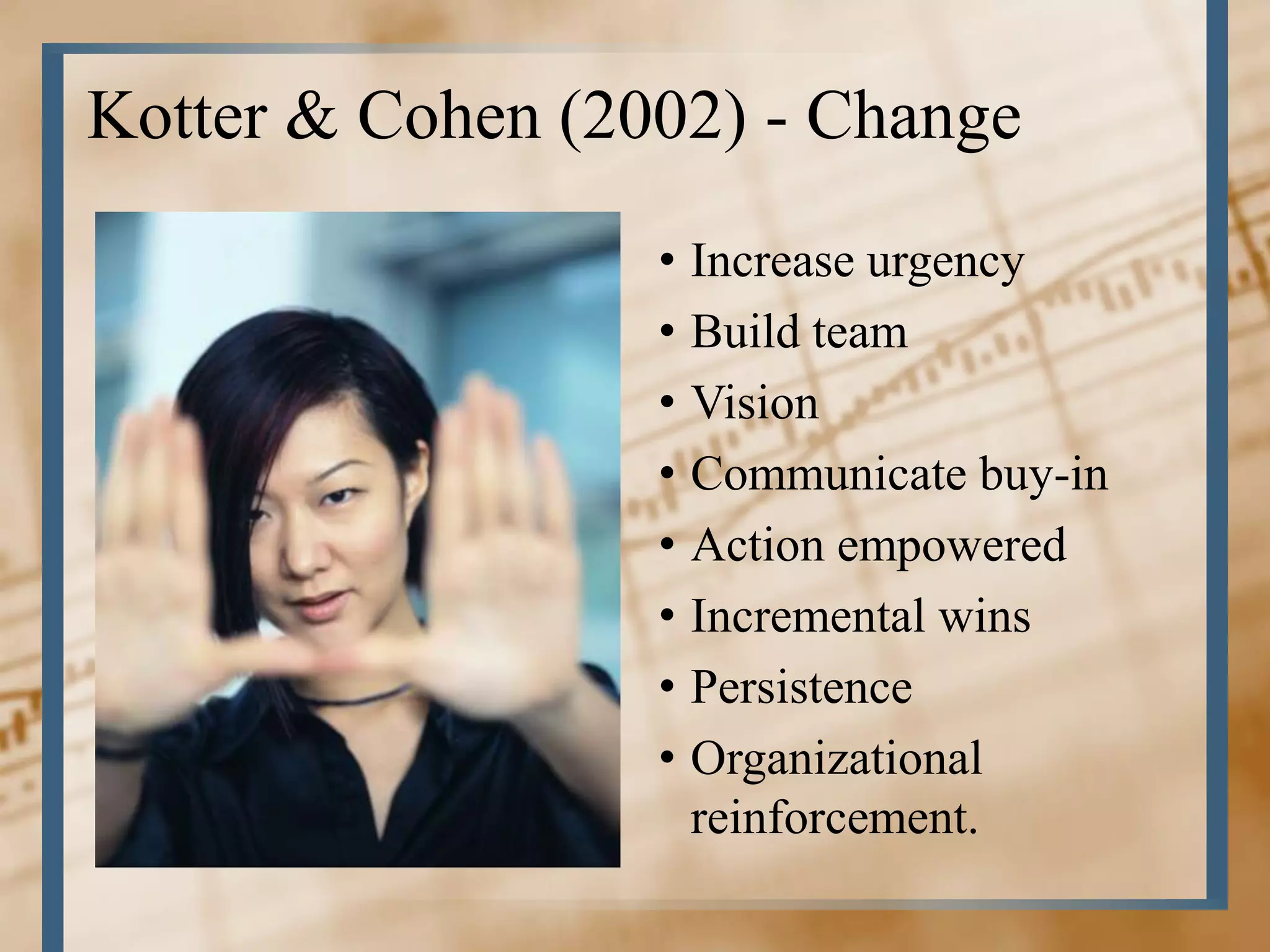 Kotter & Cohen (2002) - Change
                  •   Increase urgency
                  •   Build team
                  •   Vision
                  •   Communicate buy-in
                  •   Action empowered
                  •   Incremental wins
                  •   Persistence
                  •   Organizational
                      reinforcement.
 