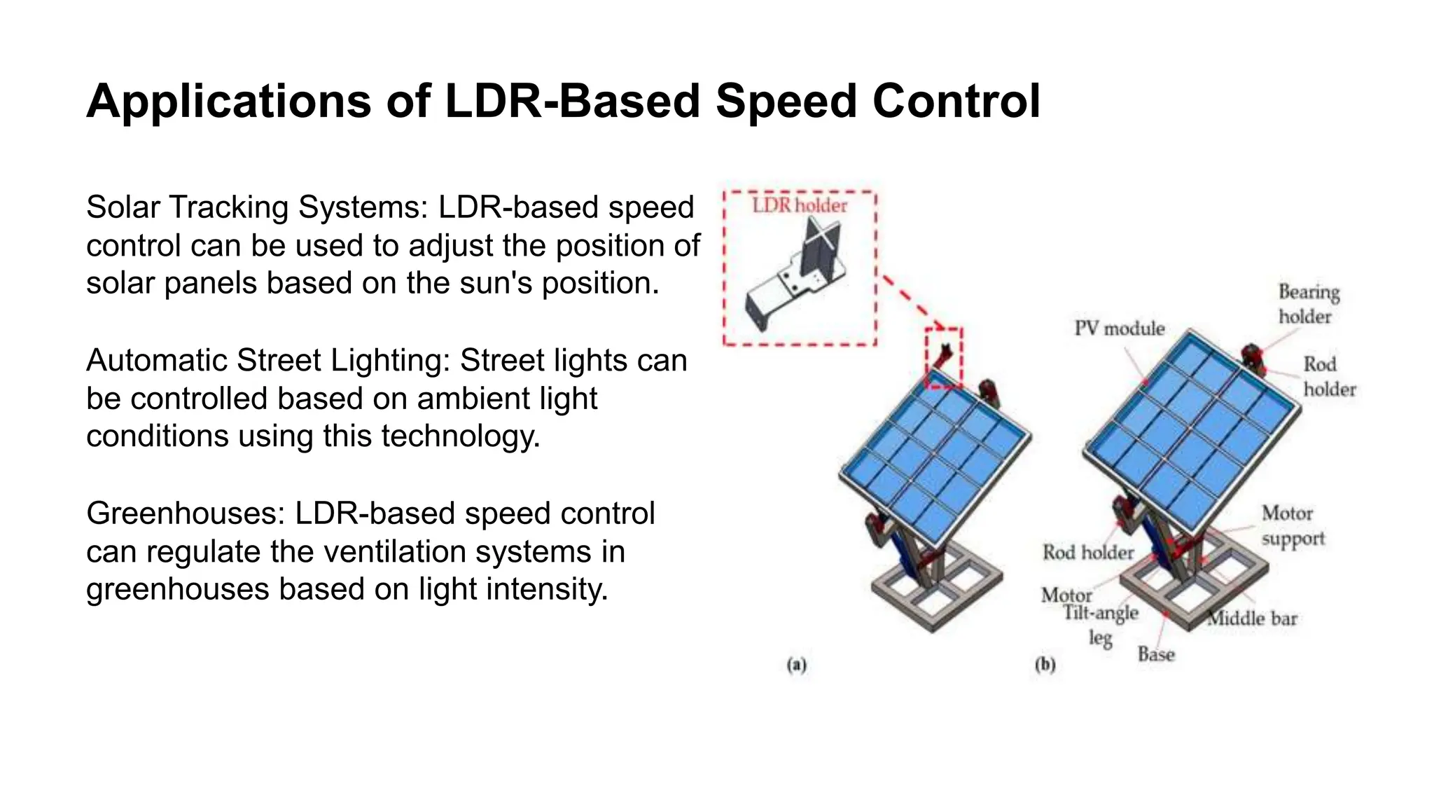 Applications of LDR-Based Speed Control
Solar Tracking Systems: LDR-based speed
control can be used to adjust the position of
solar panels based on the sun's position.
Automatic Street Lighting: Street lights can
be controlled based on ambient light
conditions using this technology.
Greenhouses: LDR-based speed control
can regulate the ventilation systems in
greenhouses based on light intensity.
 