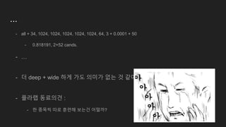 ...
- all + 34, 1024, 1024, 1024, 1024, 1024, 64, 3 + 0.0001 + 50
- 0.818191, 2+52 cands.
- …
- 더 deep + wide 하게 가도 의미가 없는 것 같아...
- 플라랩 동료의견 :
- 한 종목씩 따로 훈련해 보는건 어떨까?
 