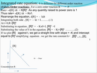 Integrated rate equation: It is different for different order reaction
(1)Zero Order reactions: For a zero order reaction R P
Rate= -d[R] /dt = K[R]0
As any quantity raised to power zero is 1
Thus rate= -d[R] /dt = Kx1.
Rearrange the equation, d[R] = - kdt
Integrating both side , [R] = - kt + I………(.1)
At t=0,R=[R]0
Substituting in equation , [R]0
= - Kx0+I, [R]0
=I
Substituting the value of I in the equation. [R] = - Kt+[R]0
………..(2)
If we plot [R] against t, we get a straight line with slope = -K and intercept
equal to [R]0
simplifying equation . we get the rate constant k= [R]0
- [R]
t
[R]
K= - Slope
Concentration R
 