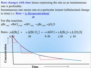 Rate changes with time hence expressing the rate as an instantaneous
rate is preferable.
Instantaneous rate means rate at a particular instant (infinitesimal change
in time) i.e. Rate = ± d[concentration]
dt
For the reaction,
5Br-
(aq) +BrO3
-
(aq) +6H+
(aq) 3Br→ 2(aq) +3H2O
Rate= -1Δ[Br-
] = -1 Δ[Br O3
-
] = -1 Δ[H+
] = 1 Δ[Br2]= 1 Δ [H2O]
5 Δt Δt 6 Δt 3 Δt 3 Δt
Concentration
Time
 