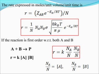 The rate expressed in moles/unit volume/unit time is
If the reaction is first order w.r.t. both A and B
A + B → P
r = k [A] [B]
 