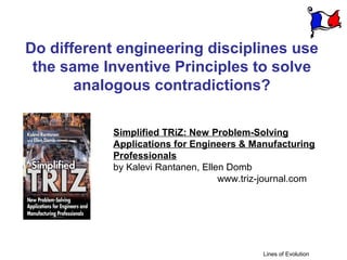 Do different engineering disciplines use
 the same Inventive Principles to solve
       analogous contradictions?

            Simplified TRiZ: New Problem-Solving
            Applications for Engineers & Manufacturing
            Professionals
            by Kalevi Rantanen, Ellen Domb
                                    www.triz-journal.com




                                            Lines of Evolution
 