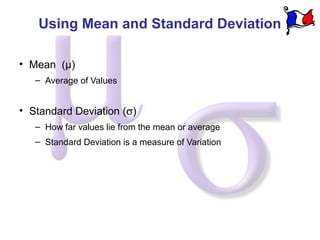 Using Mean and Standard Deviation

• Mean (µ)
   – Average of Values


• Standard Deviation (σ)
   – How far values lie from the mean or average
   – Standard Deviation is a measure of Variation
 