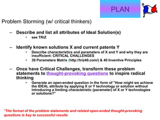 PLAN
Problem Storming (w/ critical thinkers)
    – Describe and list all attributes of Ideal Solution(s)
             •   see TRiZ

    – Identify known solutions X and current patents Y
             •   Describe characteristics and parameters of X and Y and why they are
                 insufficient: CRITICAL CHALLENGES
             •   39 Parameters Matrix (http://triz40.com/) & 40 Inventive Principles

    – Once have Critical Challenges, transform these problem
      statements to thought-provoking questions to inspire radical
      thinking
             •   Generate an open-ended question in the form of "How might we achieve
                 the IDEAL attribute by applying X or Y technology or solution without
                 introducing a limiting characteristic (parameter) of X or Y technologies
                 or solutions?”



 *The format of the problem statements and related open-ended thought-provoking
 questions is key to successful results
 