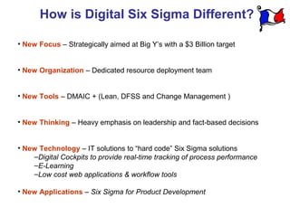 How is Digital Six Sigma Different?

• New Focus – Strategically aimed at Big Y’s with a $3 Billion target


• New Organization – Dedicated resource deployment team


• New Tools – DMAIC + (Lean, DFSS and Change Management )


• New Thinking – Heavy emphasis on leadership and fact-based decisions


• New Technology – IT solutions to “hard code” Six Sigma solutions
    –Digital Cockpits to provide real-time tracking of process performance
    –E-Learning
    –Low cost web applications & workflow tools

• New Applications – Six Sigma for Product Development
 