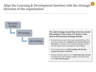 The L&D strategy should flow from the overall
HR strategy, if this exists. If it doesn’t, then
look to the business strategy directly.
• Ensure that you have a thorough understanding of the
business strategy and initiatives for the next three to
five years (or as far as the business strategy extends
into the future) before creating the L&D strategy.
• This ensures that your L&D strategy will directly
support business initiatives.
• Identify business needs now to keep them top of mind
throughout the L&D strategy creation and ensure that
you create shared goals.
Align the Learning & Development function with the strategic
direction of the organization
Business
strategy
HR strategy
L&D strategy
b
 