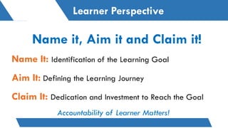 Learner Perspective
Name it, Aim it and Claim it!
Name It: Identification of the Learning Goal
Aim It: Defining the Learning Journey
Claim It: Dedication and Investment to Reach the Goal
Accountability of Learner Matters!
 