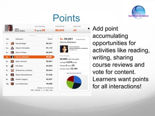 Points
• Add point
accumulating
opportunities for
activities like reading,
writing, sharing
course reviews and
vote for content.
Learners want points
for all interactions!
 