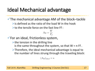 Ideal Mechanical advantage 
 
The mechanical advantage AM of the block–tackle 
 
is defined as the ratio of the load W in the hook 
 
to the tensile force on the fast line Ff : 
 
For an ideal, frictionless system, 
 
the tension in the drilling line is the same throughout the system, so that W = n Ff . 
 
Therefore, the ideal mechanical advantage is equal to the number of lines strung through the traveling block: 
Fall 14 H. AlamiNia Drilling Engineering 1 Course (3rd Ed.) 17 
 