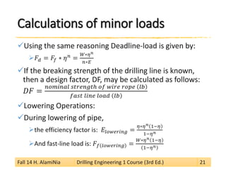 Calculations of minor loads 
 
Using the same reasoning Deadline-load is given by: 
 
퐹퐹푑푑=퐹퐹푓푓∗휂휂푛푛=푊푊∗휂휂푛푛 푛푛∗퐸퐸 
 
If the breaking strength of the drilling line is known, then a design factor, DF, may be calculated as follows: 퐷퐷퐷=푛푛푛푛푛푛푛푛푛푛푛푛푛푛푠푠푠푠푠푠푠푠푠푠푠푠푠ℎ표푤푤푤푟푟푟푟푙푙푙 푓푓푓푙푙푙푙 
 
Lowering Operations: 
 
During lowering of pipe, 
 
the efficiency factor is: 퐸퐸푙=휂휂∗휂휂푛푛1−휂휂 1−휂휂푛푛 
 
And fast-line load is: 퐹퐹푓푓푙=푊푊∗휂휂푛푛1−휂휂 1−휂휂푛푛 
Fall 14 H. AlamiNia Drilling Engineering 1 Course (3rd Ed.) 21 
 