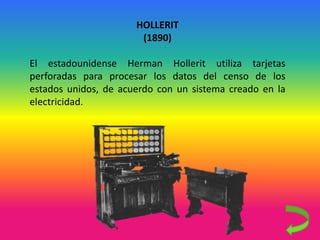 HOLLERIT
(1890)
El estadounidense Herman Hollerit utiliza tarjetas
perforadas para procesar los datos del censo de los
estados unidos, de acuerdo con un sistema creado en la
electricidad.
 