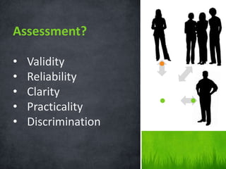Assessment?

•   Validity
•   Reliability
•   Clarity
•   Practicality
•   Discrimination
 