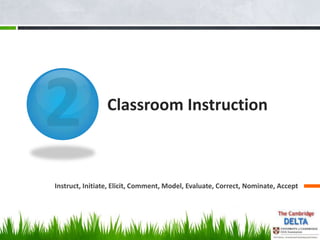 Classroom Instruction



Instruct, Initiate, Elicit, Comment, Model, Evaluate, Correct, Nominate, Accept
 