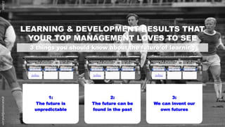 LEARNING & DEVELOPMENT RESULTS THAT
YOUR TOP MANAGEMENT LOVES TO SEE
3 things you should know about the future of learning
1:28AMghazali.mdnoor@gmail.com
1:
The future is
unpredictable
2:
The future can be found in
the past
3:
We can invent our
own futures
 