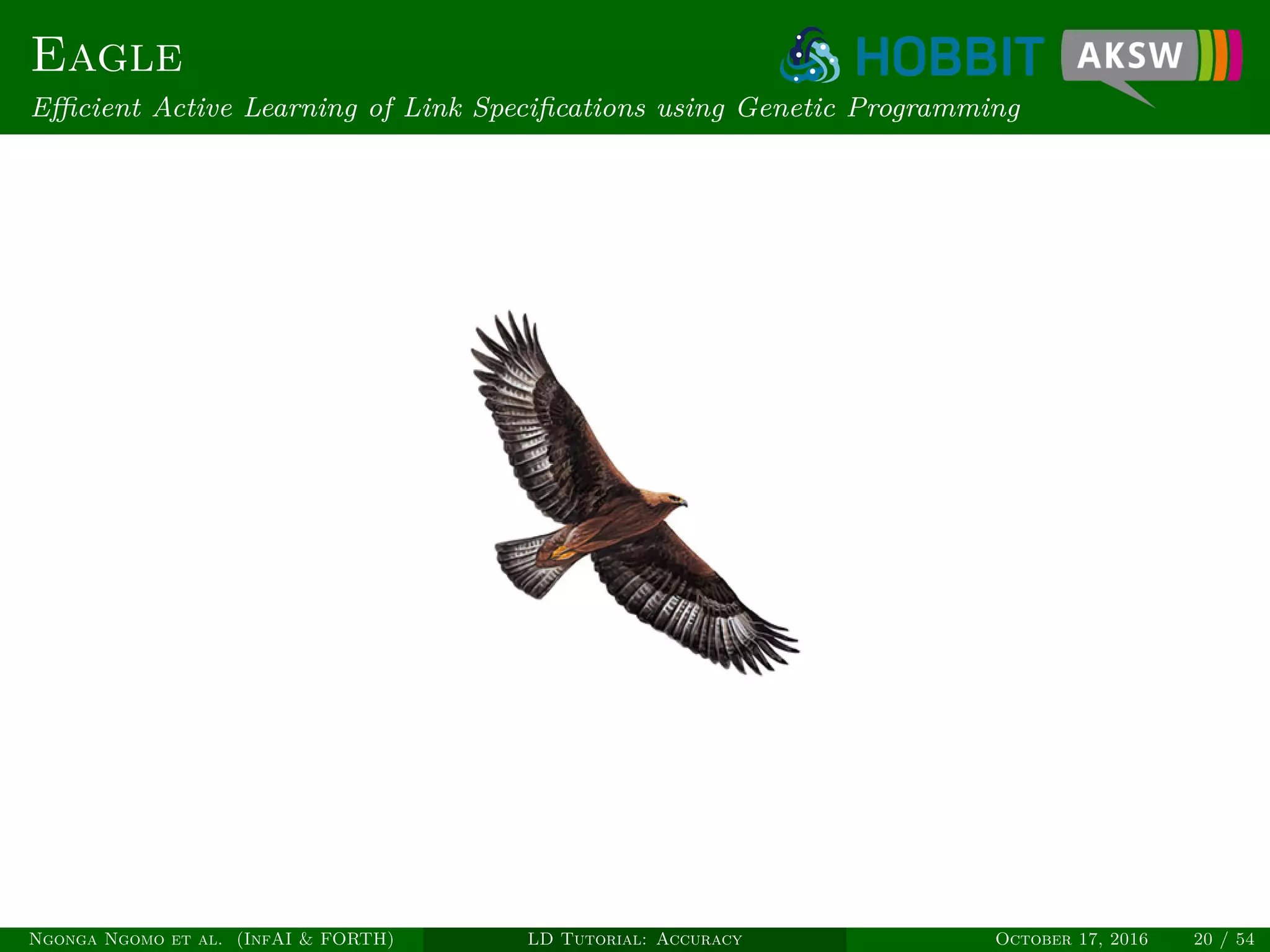 Eagle
Eﬃcient Active Learning of Link Speciﬁcations using Genetic Programming
Ngonga Ngomo et al. (InfAI & FORTH) LD Tutorial: Accuracy October 17, 2016 20 / 54
 