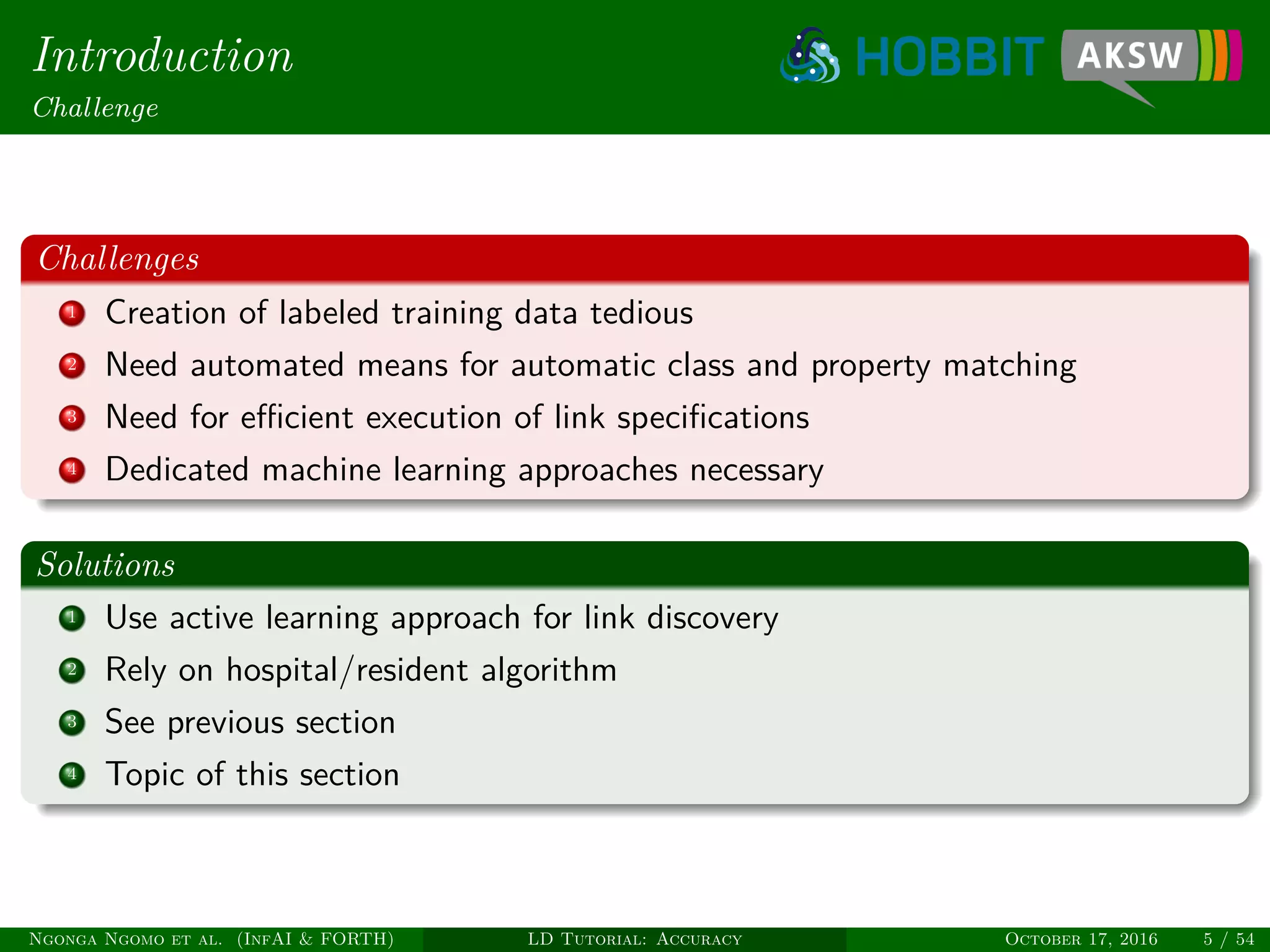 Introduction
Challenge
Challenges
1 Creation of labeled training data tedious
2 Need automated means for automatic class and property matching
3 Need for eﬃcient execution of link speciﬁcations
4 Dedicated machine learning approaches necessary
Solutions
1 Use active learning approach for link discovery
2 Rely on hospital/resident algorithm
3 See previous section
4 Topic of this section
Ngonga Ngomo et al. (InfAI & FORTH) LD Tutorial: Accuracy October 17, 2016 5 / 54
 
