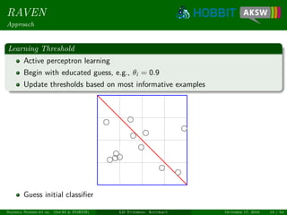 RAVEN
Approach
Learning Threshold
Active perceptron learning
Begin with educated guess, e.g., θi = 0.9
Update thresholds based on most informative examples
Guess initial classiﬁer
Ngonga Ngomo et al. (InfAI & FORTH) LD Tutorial: Accuracy October 17, 2016 13 / 54
 