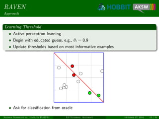 RAVEN
Approach
Learning Threshold
Active perceptron learning
Begin with educated guess, e.g., θi = 0.9
Update thresholds based on most informative examples
Ask for classiﬁcation from oracle
Ngonga Ngomo et al. (InfAI & FORTH) LD Tutorial: Accuracy October 17, 2016 15 / 54
 