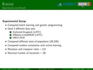 Eagle
Experiments and Results
Experimental Setup:
Compared batch learning and genetic programming
Used 3 diﬀerent data sets
1 Dailymed-Drugbank (LATC)
2 DBpedia-LinkedMDB (LATC)
3 DBLP-ACM
Compared diﬀerent sizes of population (20,100)
Compared random annotation with active learning
Mutation and crossover rates = 0.6
Maximal number of iterations = 50
Ngonga Ngomo et al. (InfAI & FORTH) LD Tutorial: Accuracy October 17, 2016 31 / 54
 