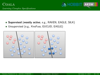 Coala
Learning Complex Speciﬁcations
Supervised (mostly active, e.g., RAVEN, EAGLE, SILK)
Unsupervised (e.g., KnoFuss, EUCLID, EAGLE)
Ngonga Ngomo et al. (InfAI & FORTH) LD Tutorial: Accuracy October 17, 2016 38 / 54
 