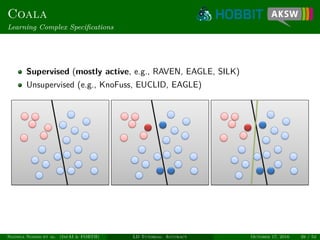 Coala
Learning Complex Speciﬁcations
Supervised (mostly active, e.g., RAVEN, EAGLE, SILK)
Unsupervised (e.g., KnoFuss, EUCLID, EAGLE)
Ngonga Ngomo et al. (InfAI & FORTH) LD Tutorial: Accuracy October 17, 2016 39 / 54
 