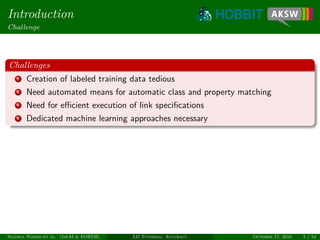 Introduction
Challenge
Challenges
1 Creation of labeled training data tedious
2 Need automated means for automatic class and property matching
3 Need for eﬃcient execution of link speciﬁcations
4 Dedicated machine learning approaches necessary
Ngonga Ngomo et al. (InfAI & FORTH) LD Tutorial: Accuracy October 17, 2016 5 / 54
 