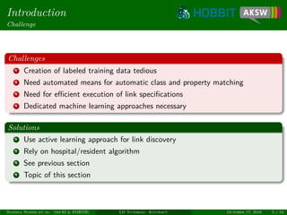 Introduction
Challenge
Challenges
1 Creation of labeled training data tedious
2 Need automated means for automatic class and property matching
3 Need for eﬃcient execution of link speciﬁcations
4 Dedicated machine learning approaches necessary
Solutions
1 Use active learning approach for link discovery
2 Rely on hospital/resident algorithm
3 See previous section
4 Topic of this section
Ngonga Ngomo et al. (InfAI & FORTH) LD Tutorial: Accuracy October 17, 2016 5 / 54
 