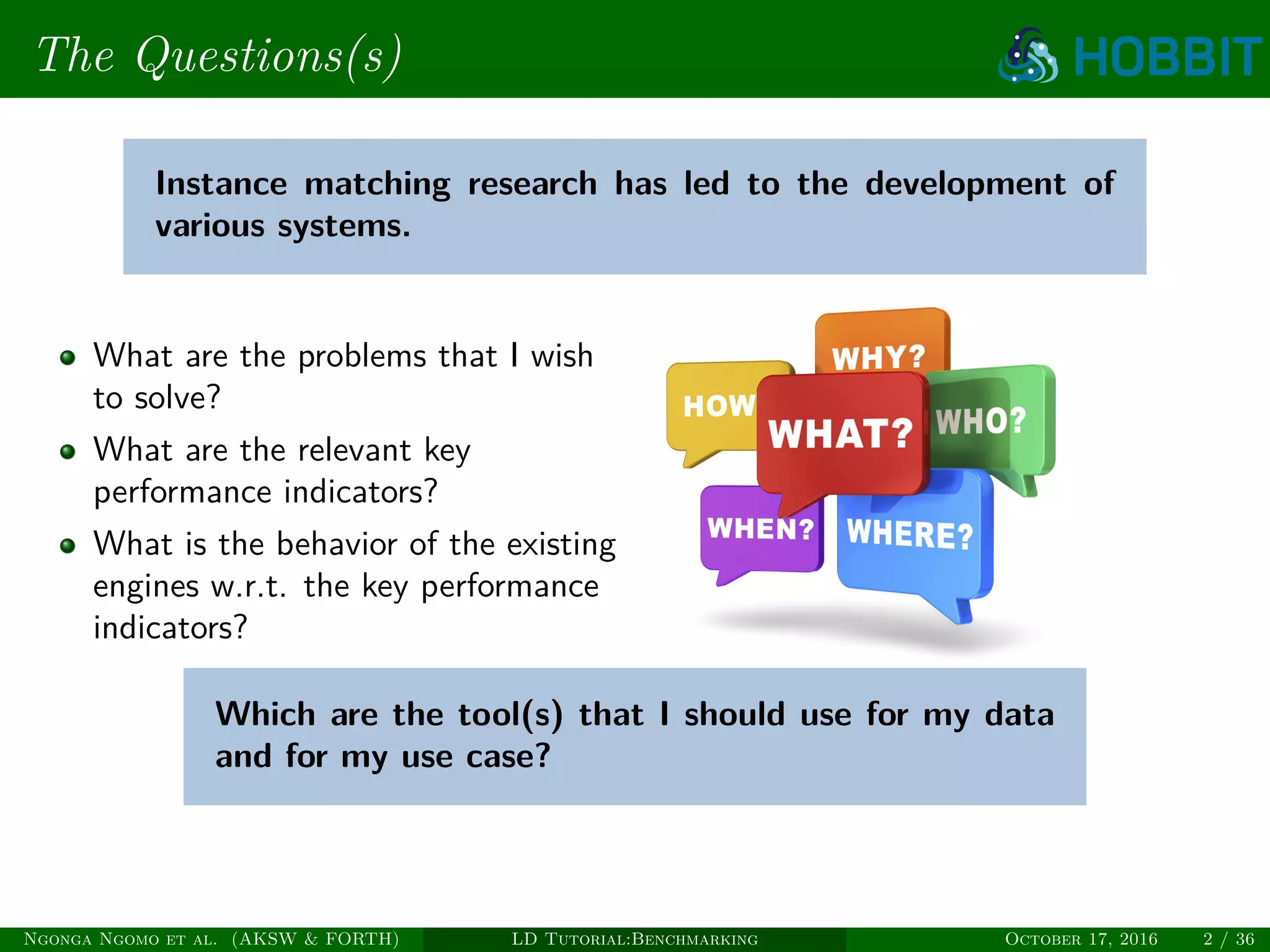 The Questions(s)
Instance matching research has led to the development of
various systems.
What are the problems that I wish
to solve?
What are the relevant key
performance indicators?
What is the behavior of the existing
engines w.r.t. the key performance
indicators?
Which are the tool(s) that I should use for my data
and for my use case?
Ngonga Ngomo et al. (AKSW & FORTH) LD Tutorial:Benchmarking October 17, 2016 2 / 36
 