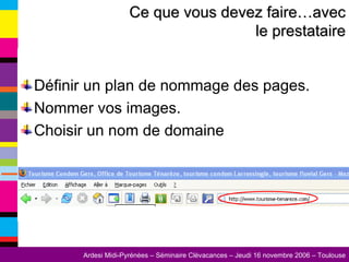 Définir un plan de nommage des pages. Nommer vos images. Choisir un nom de domaine Ce que vous devez faire…avec le prestataire 