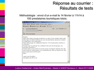 Méthodologie : envoi d’un e-mail le 14 février à 11h14 à 100 prestataires touristiques lotois. Réponse au courrier : Résultats de tests 