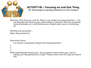 ACTIVITY #2 – Focusing on Just One Thing
For Technology & Learning Assistance on Your Campus
Directions: Pick from your wish list. What is your number one interest/priority?-- You
can determine this based on your center/college’s constraints, $$$, time (workload,
seasonal demands, etc.), staff desires/access, student needs, access to technology,
etc.
Defining your top priority…
Major idea/goal/priority -
Narrowing it down…
List at least 3 components related to this idea/goal/priority –
1.
2.
3.
What research/people/resources/etc. do you need to connect with to get a start on
making your idea/goal/priority a reality? Outline some of the first steps you need to
take.
 