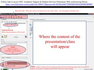 Where the content of the
presentation/class
will appear
Follow link to access NEC Academic Support & Student Services Elluminate Web conferencing Room:
https://sas.elluminate.com/m.jnlp?sid=2008175&password=M.D6A048778D50BF84EDAD9DFB8B8C
59
CHAT
Space to type in
comments, ask questions,
etc.
PARTICIPANTS
Where the participants will be listed.
Menu/Tool Bar - Roll your cursor over each icon to see what it does – see next page for detailed view…
AUDIO - Adjust volume for receiving (everyone) & for transmitting audio (only if you have a
headset). If you have a headset, push TALK when you want to speak.
 